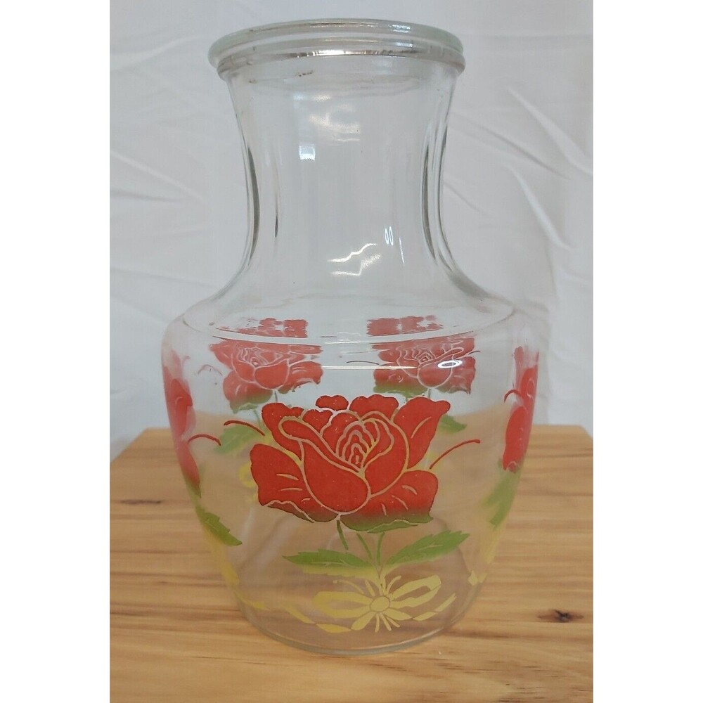 Vintage Anchor Hocking Juice Carafe Red Roses With Lid 6 Cup capacity